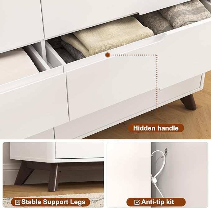 Dresser for Bedroom with 8 Drawers, 55" Large Dresser & Chest of Drawers with Charging Station, Wood Closet Clothes Storage Tall Dressers Organizer for Bedroom Living Room Hallway, White