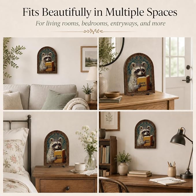 Wooden Tabletop Sign Funny Raccoon Decor for Bookshelf Desk Shelf, Arched Wood Frame Vintage Reading Animal Art, Rustic Home Office Display Accent for Animal Lovers