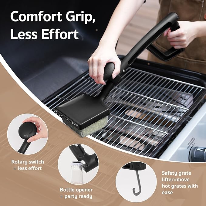 GASPRO Steam Grill Brush Bristle Free for Outdoor Grill, BBQ Grill Cleaning Brush with Replaceable Scrub Sponge Head & Scraper, Ergonomic Handle, Safe for Stainless Steel, Cast Iron & Porcelain Grate