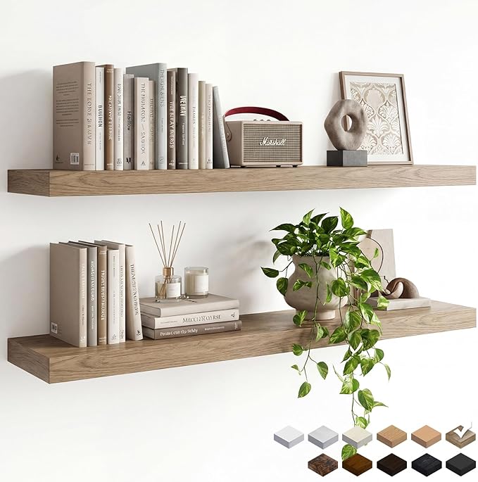 47in Floating Shelves for Wall, Wall Mounted Shelves for Decor Storage Set of 2, Floating Shelf for Bedroom, Bathroom, Living Room and Kitchen（Gray Oak）