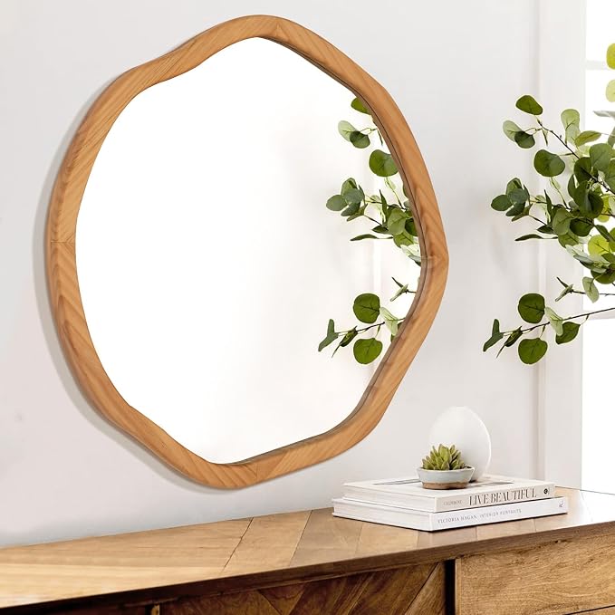 ULIKE Round Wood Mirror, 30 Inch Irregular Circle Vanity Wall Mirror with Wooden Frame, Rustic Decorative Wall Mount for Bathroom Bedroom Living Room Entryway, Natural