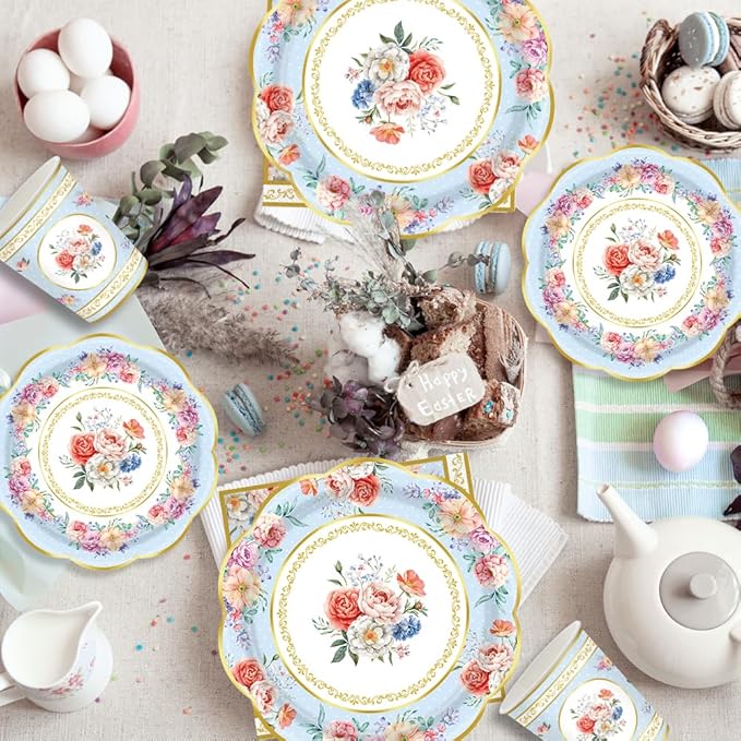140Pcs Tea Party Decorations Tableware Set Floral Plates and Napkins for Birthday Party, Baby Showers, Bridal Showers, Wedding Bachelorette Party Supplies Floral Tea Party Plates, Serves 20 (Blue)