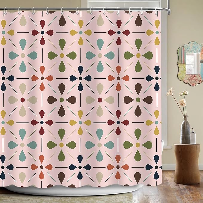 APROPHIC Mid Century Retro Shower Curtain 72x72 Inches, Vintage Geometric Pattern Bathroom Curtain with Hooks, Waterproof Polyester Fabric for Bath Shower, Machine Washable Home Decor for Bath, Pink