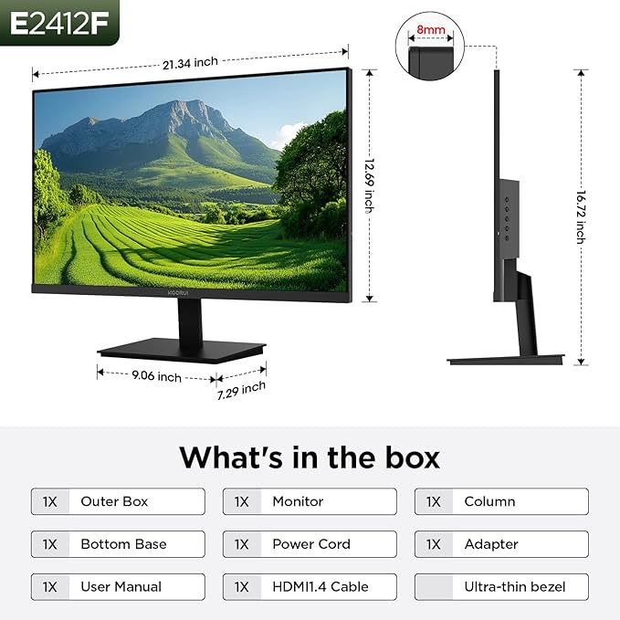 KOORUI 24-inch Computer Monitor Full HD 1920 x 1080p 100Hz VA Display 3000:1 Contrast Ratio with HDMI VGA, Three-Sided Slim Bezels, 100 x 100 mm VESA Mountable, Ergonomic Tilt, Black