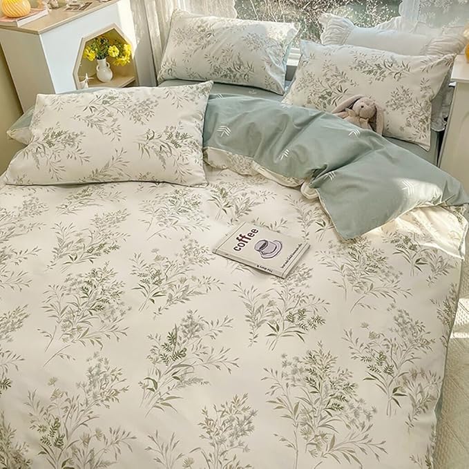 Garden Style Floral Duvet Cover Twin 3 Pieces Vintage Cottagecore Bedding Set 100% Cotton Botanical Floral Comforter Cover for Girls Women Chic Flower Leaves Plants Pattern Farmhouse Bedding Set