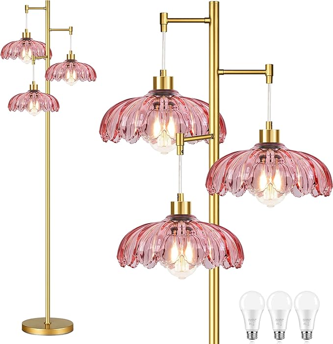 QIYIZM Pink Floor Lamp for Living Room,Bedroom,Gold Mid Century Modern Standing Lamp Brass Tree 3 Light Tall Floor Lamps Vintage Retro Floor Lights Glass Flower Lamp Shade Farmhouse Boho Bohemian