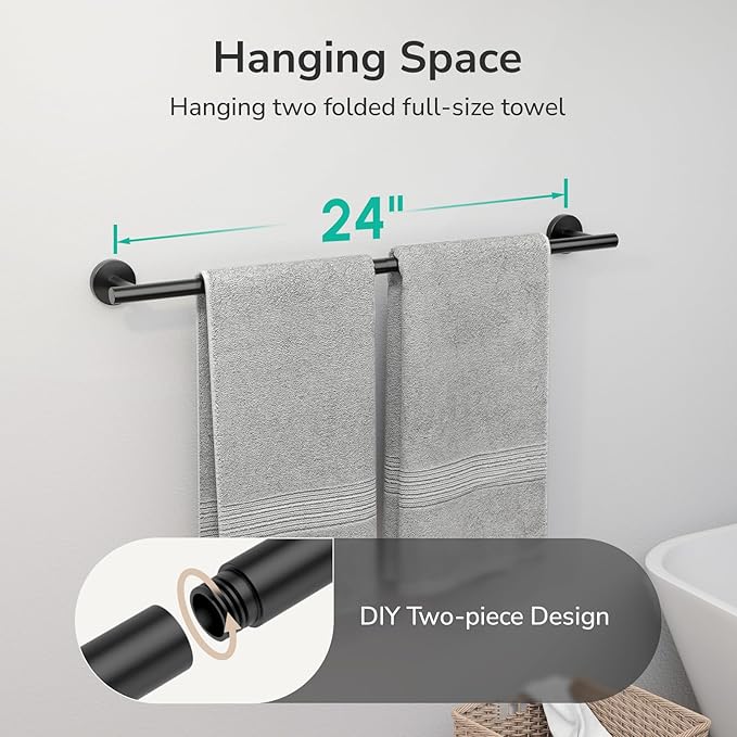 USHOWER Matte Black Towel Bar, 24-Inch Towel Rack for Bathroom Wall Mounted, Thicken SUS304 Stainless Steel Towel Rod Modern Home Decor (Total Length 26-Inch) (Pack of 2)