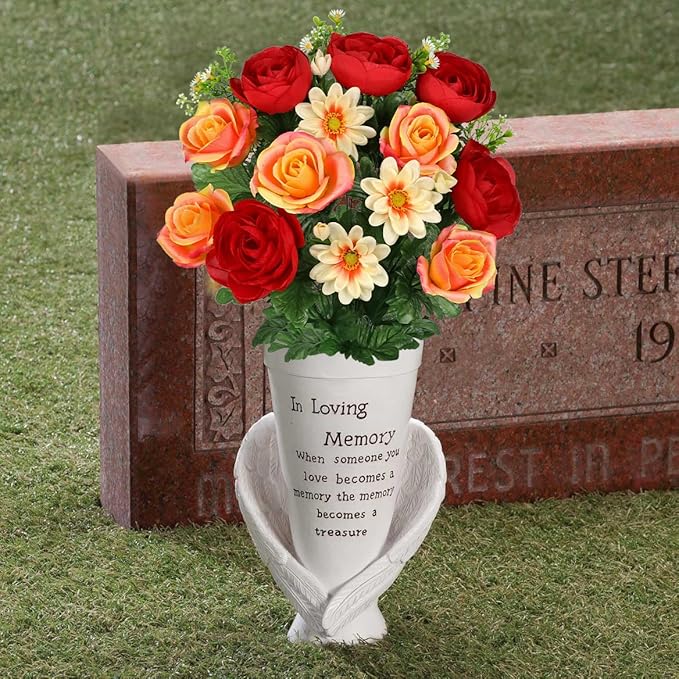 Hollyone Set of 2 Artificial Cemetery Flower for Graves Red Orange Cemetery Memorial Flowers for Outdoor Grave Decorations Silk Flower Arrangements Rose Ranunculus Gerbera Floral Flowers Bouquets