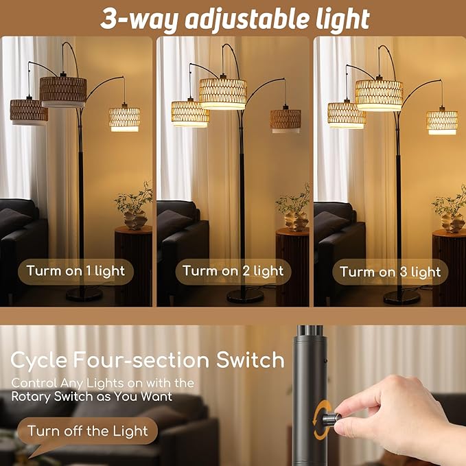 Arc Floor Lamp for Living Room, 80 Inch Rattan Floor Lamp with Rotary Switch, 3 Lights Boho Tall Lamp with Wicker Shade for Coastal,Bohemian,Tree Farmhouse Standing Lamp
