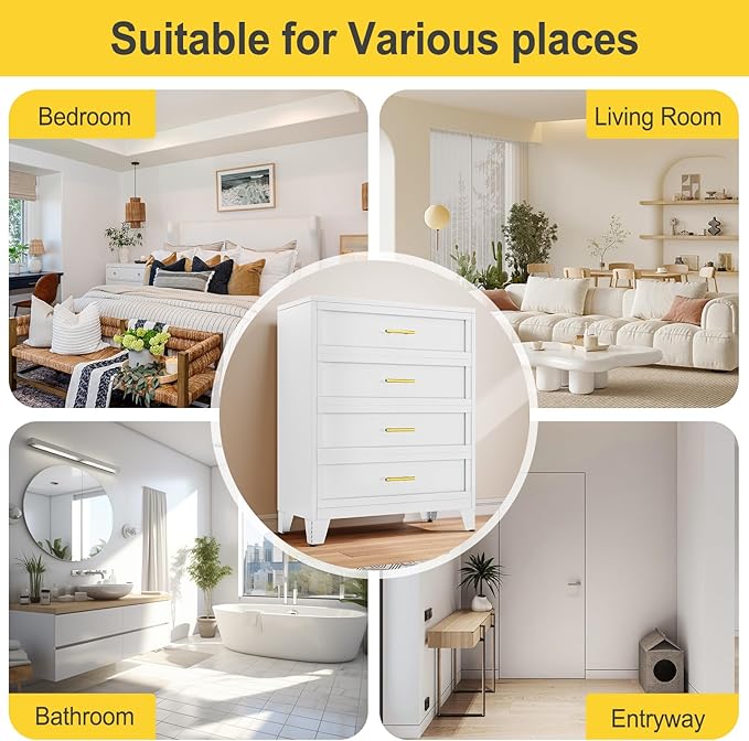 43.11" Tall Metal Dresser for Bedroom, 4 Drawer White Dresser Chest with Gold Handles, Closet Dressers Chests with Fluted Panel, Vertical Storage Cabinet for Living Room, Entryway, Hallway