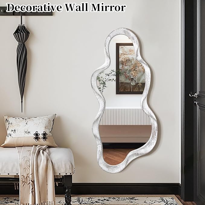 Irregular Wood Frame Mirror Asymmetrical Mirrors for Wall Unique Cloud Modern Living Room Bedroom Vanity Entryway Hallway Decorative Artistic Cute and Stylish Wall Mirror Large