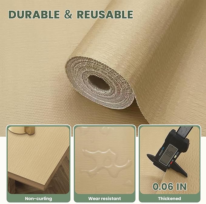 Drawer Liner and Shelf Liner for Kitchen Cabinet Liner Non-Adhesive Non-Slip Shelf Paper, Thick Strong Grip Waterproof Easy to Clean for Shelves, Cupboard, Desks, Khaki, 12 in x 10 FT