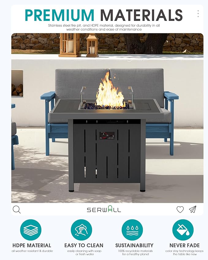 SERWALL 33" Outdoor Fire Pit Table, 50,000 BTU Square Propane Fire Pit Table with Lid, Glass Rock & Glass Wind Guard, HDPE Outdoor Furniture for Patio, Garden, Backyard, Black