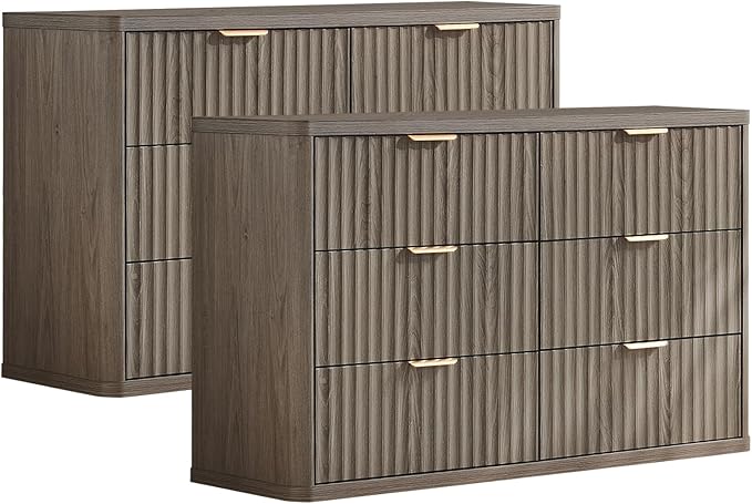 LEYAOYAO Fluted 6 Drawers Dresser Set of 2, 48" Wide Modern Chest of Drawers with Wood Grain Top, Curved Profile Design, Dresser TV Stand, Wooden Drawer Organizer for Bedroom, Living Room,Hallway,Grey