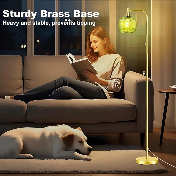 Dimmable Gold Floor Lamp with Ribbed Shade, Vintage Green Standing Lamp dimmable with Solid Base, Arc Floor Lamps Glass for Living Room, Bedroom, Office, Decorative Tall Corner Lamps Gift Use