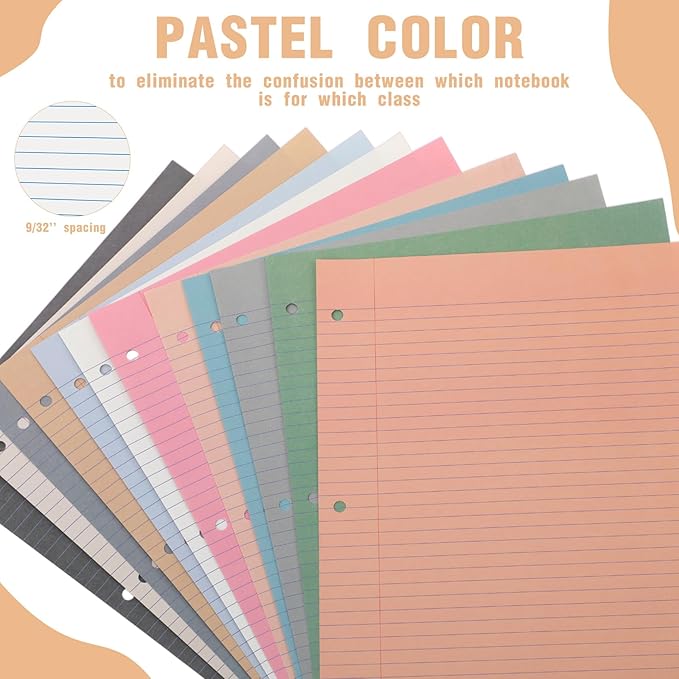 PerKoop 600 Sheets Colored Loose Leaf Paper 8.5" x 11" college ruled Lined 3 Hole Punched notebook Filler Paper for 3 Ring Binders Office School Supplies (Modern Colors)