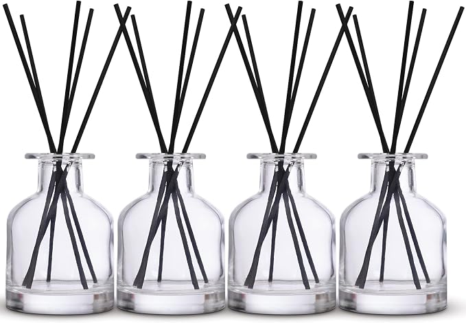 4 Pack Perfume Reed Diffuser Bottle,Empty Big Belly Aromatherapy Essential Oil Bottles Glass Jar with Black Sticks for DIY Fragrance Replacement Diffuser Sets (150ml/ 5 oz, Transparent Color)
