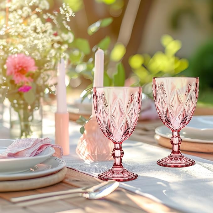 Yinder Glass Goblet Vintage Wine Goblet Embossed Glassware 10 oz Solid Color Glass Stemmed Cups for Iced Tea Beverage Soda Juice Water Liquor and Party Wedding Bars Restaurants(Pink,6 Pack)