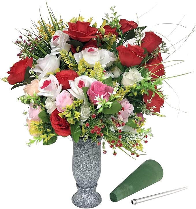 Grave Decorations for Cemetery Vase for Flowers with Stakes and Floral Foam, Draining Holes - for Garden, Grave,Cemetery,Lawn, Yard - Memorial Grave Decorations - Nature Granite Colour
