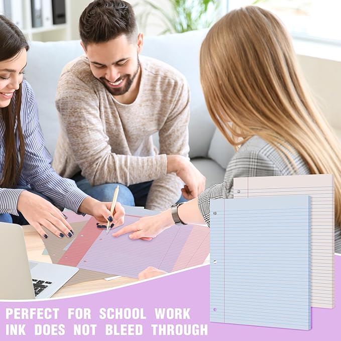 PerKoop 400 Sheets Colored Loose Leaf Paper 8.5" x 11" college ruled Lined 3 Hole Punched notebook Filler Paper for 3 Ring Binders Office School Supplies (Gentle Colors)
