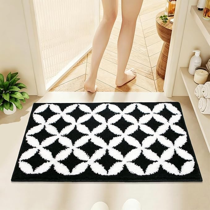 Civkor Black and White Bathroom Rug Non Slip Washable, Tufted Bath Mat for Bathroom with TPR Backing, Quick Dry Fluffy Microfiber Piles, Super Water Absorbent Thin Bath Rug Fit Under Door, 31x20Inch
