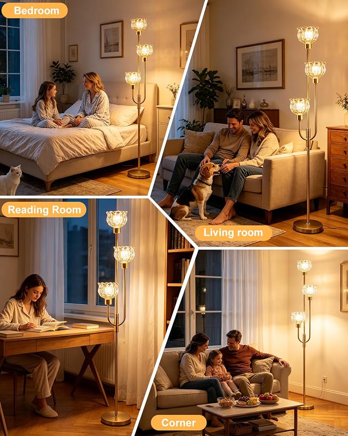 Lightdot 3-Lights Modern Glass Floor Lamp 66IN Gold Dimmable Floor Lamps with 3000K Warm White Bulbs for Wedding Party Tall Standing Lamp with Amber Glass Shade for Living Room/Bedroom/Home Decor