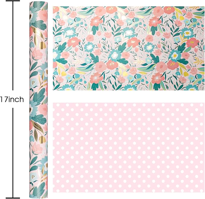 Burymento Pink Flower Wrapping Paper, Reversible Pink Dot Design Gift Wrap for Baby Shower, Birthday, Valentines, Mothers day, Graduation, Wedding, Fathers day, Christmas (17 Inch X 32.8 Feet)