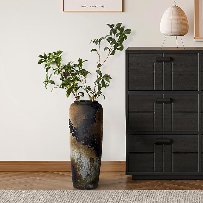 Black Rustic Ceramic Tall Floor Vase, 19.7 Inch Vintage Large Farmhouse Vase Pottery Clay Terracotta Rustic Vases for Home Decor Living Room Entryway Table Centerpieces,Kitchen,Housewarming Gifts