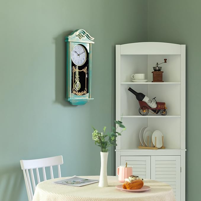 Clockswise Large Vintage Grandfather Wood- Looking Plastic Pendulum Wall Clock for Living Room, Kitchen, or Dining Room, (Large, Blue)