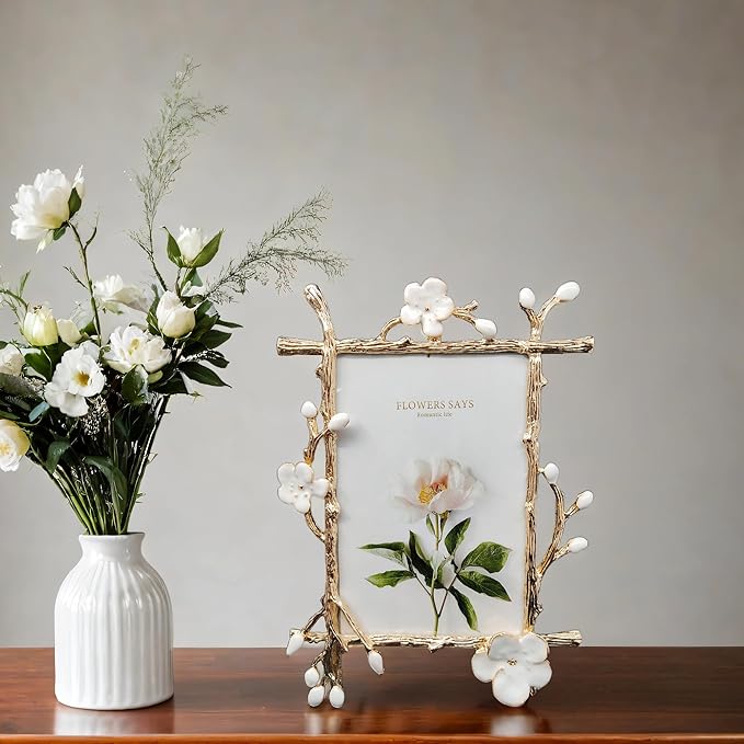 Vintage 4X6 Floral Metal Picture Frame with Enamel Finis Glass Front - Ornate Antique Big White Flowers Photo Frame Tabletop/Wall Display Gifts for Women