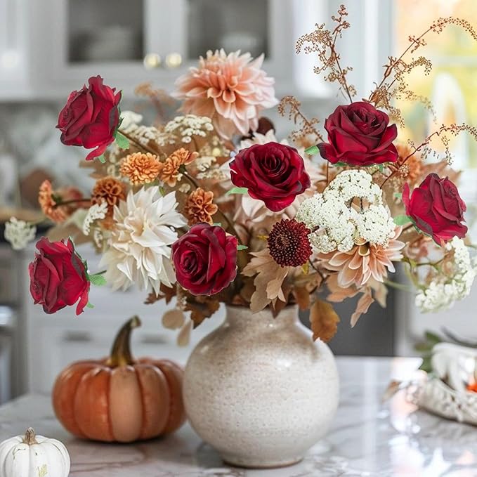50pcs Artificial Roses Flowers in Bulk,Realistic Silk Fake Rose with Long Stem for Wedding Centerpieces Bouquet Party Floral Arrangement Home Decoration (Burgundy)