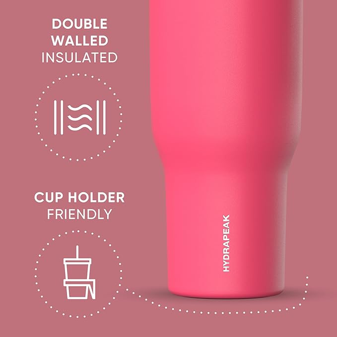 Hydrapeak Voyager 40 Oz Stainless Steel Tumbler with Handle, Insulated Water Bottle With Straw & Lid, Cupholder Friendly Reusable Travel Mug (Hot Pink)
