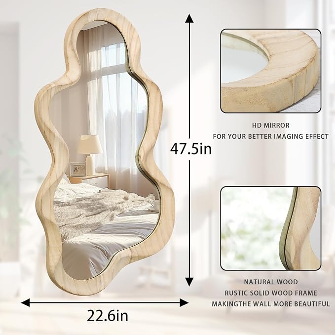 Asymmetrical Mirror for Wall Decor Large Modern Wooden Framed Wall Mirror Unique Shape Wall Mounted Vanity Artistic Wavy Mirror Decorative for Living Room Bedroom Bathroom Entryway Natural