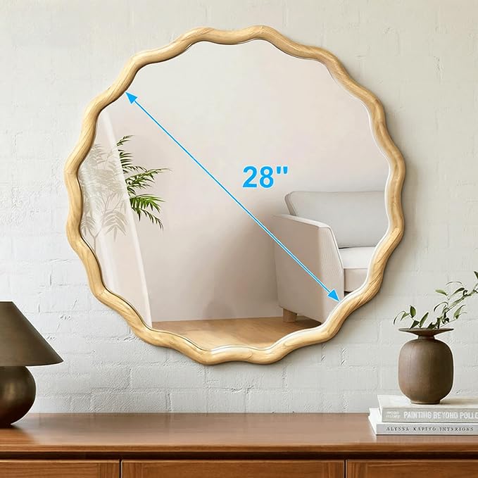 Circle Wood Mirrors for Wall, Wavy Round Bathroom Scalloped Mirror Wooden Frame 28 Inch for Living Room Farmhouse Bedroom Hallway Entryway Living Room with Shatterproof Glass Wall Mounted