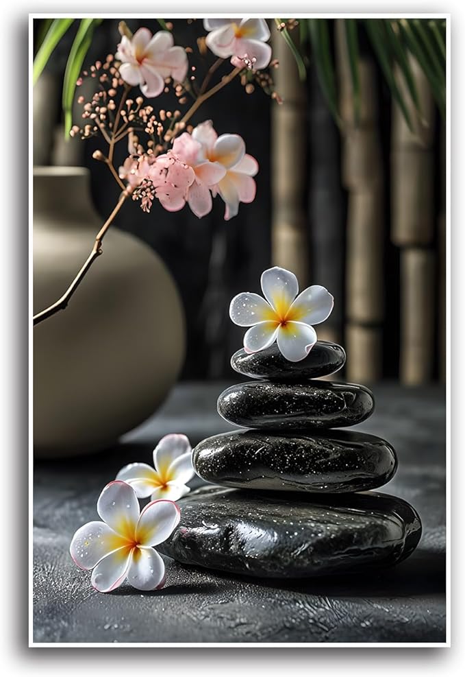 A harmonious black stone stack paired with white and pink flowers bamboo and ceramic vases creates a tranquil Zen decor for minimalist homes and mindful spaces 28x40in Frameless