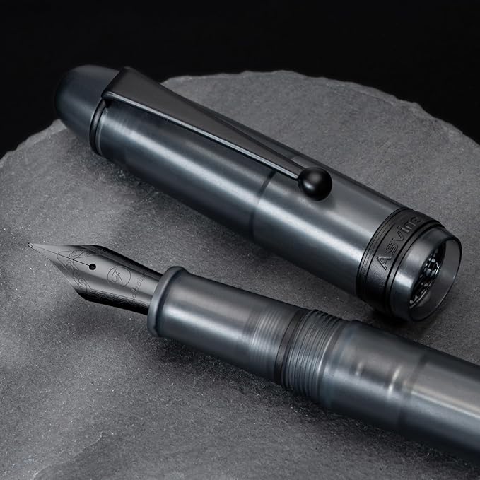 Asvine V126 Vacuum Filling Fountain Pen, Matte Black Acrylic Fine Nib, Large-Capacity Pen with Gift Case