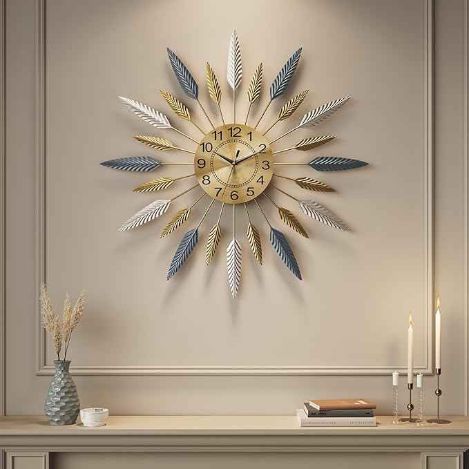 Cuspin 30 Inch Large Wall Clock, Mid Century Modern Silent Non Ticking Battery Operated Sunburst Wall Clock, Decorative Metal Gold Clocks for Living Room, Dining Room, Bedroom, Office