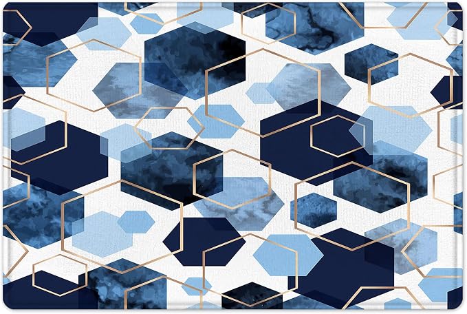 LB Navy Blue Marble Bath Mat Abstract Geometric Floor Rug for Bathroom Gold Honeycomb Hexagon Doormat Non Slip Memory Foam Absorbent Living Room Bedroom Door Front Area Rugs,24Wx16H inch