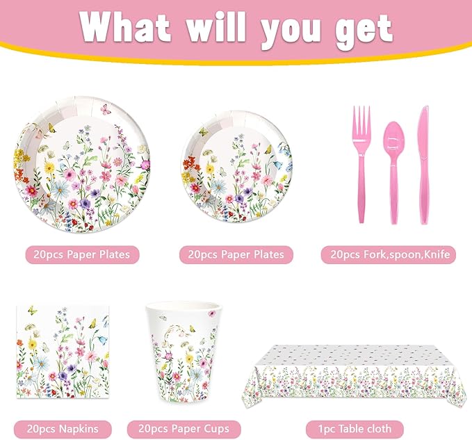 141pcs Spring Wildflower Party Decorations include Wildflower Plates Napkins Forks Knives Straws Tablecloth Cups for Floral Baby Shower Birthday Decorations,Suitable for 20 Guests