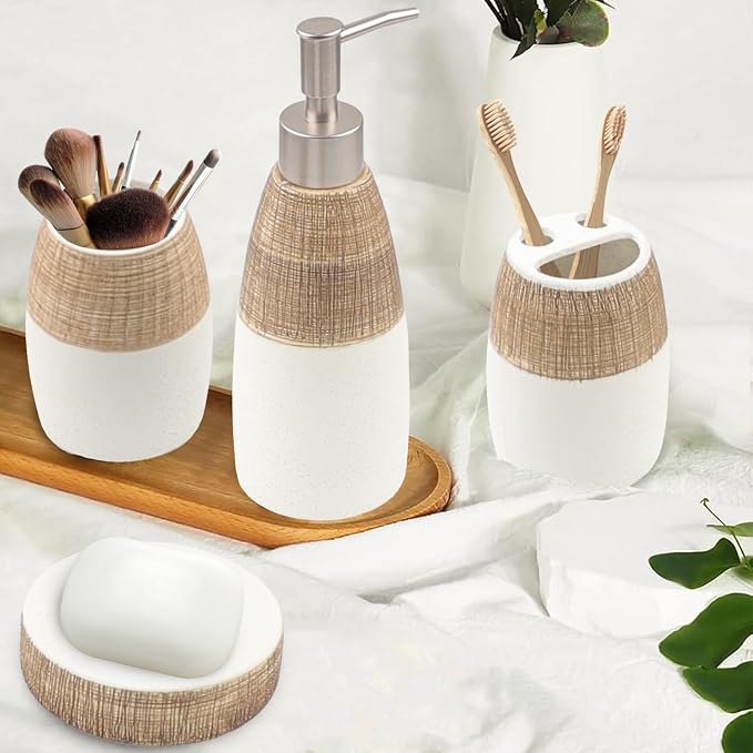 CERBIOR Bathroom Accessories Set,4 Pcs Ceramic Bathroom Decor Accessory,Includes Toothbrush Holder, Toothbrush Cup, Soap Dish for Decorative Countertop and Housewarming Gift, (Brown White)