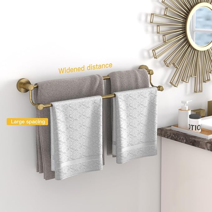 BESy Adjustable 16-26 Inches Double Bath Towel Bar for Bathroom SUS304 Stainless Steel Towel Holder, Hotel Style Wall Mount with Screws Hand Towel Bar Towel Rack Rod Hanger, Antique Brass