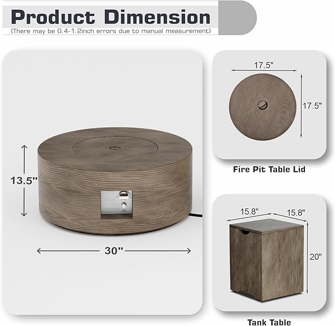 2-Piece 30" Round Propane Fire Pit for Outside Patio with Hidden Tank Table, 50,000 BTU Fireplaces with Wind Guard, Lid, Glass Rocks, Cover(Wood Grain Walnut)