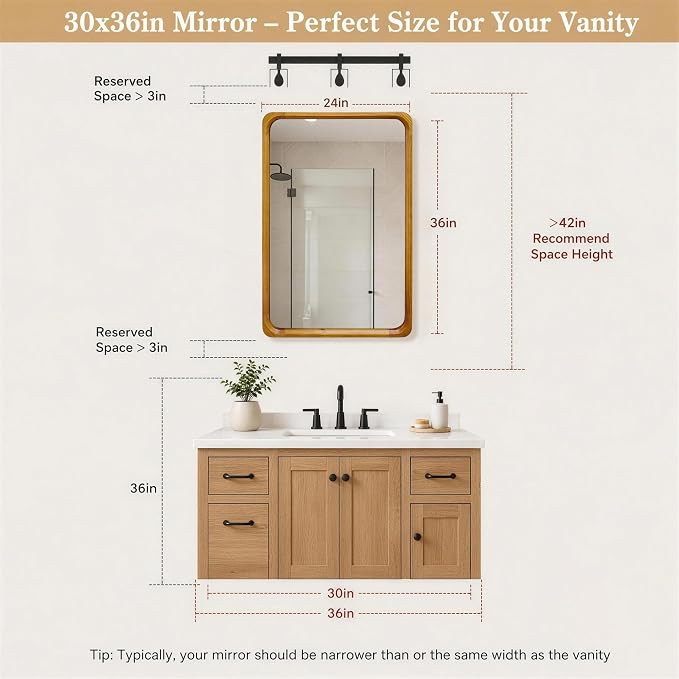 Tanmicoshomy Natural Wood Bathroom Mirror 24 x 36 Inch, Solid Wood Framed Rectangle Mirrors with Tempered Glass for Living Room Bedroom Office or Entryway