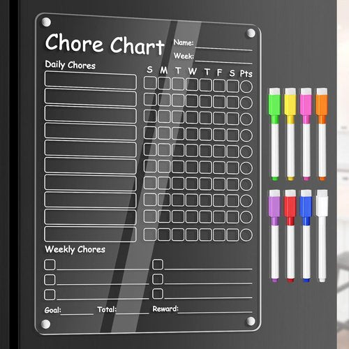 Acrylic Chore Chart Clear Dry Erase Checklist Chore Boars for Family Chores Checklist Reward Chart Responsibility Chart, 12x9'', 1 Pack