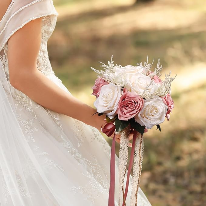 Wedding Bouquets for Bride, Champagne White & Pink Bridal Bridesmaid Wedding Flowers, Artificial Toss Rose for Civil Ceremony (Jute Rope Handle)