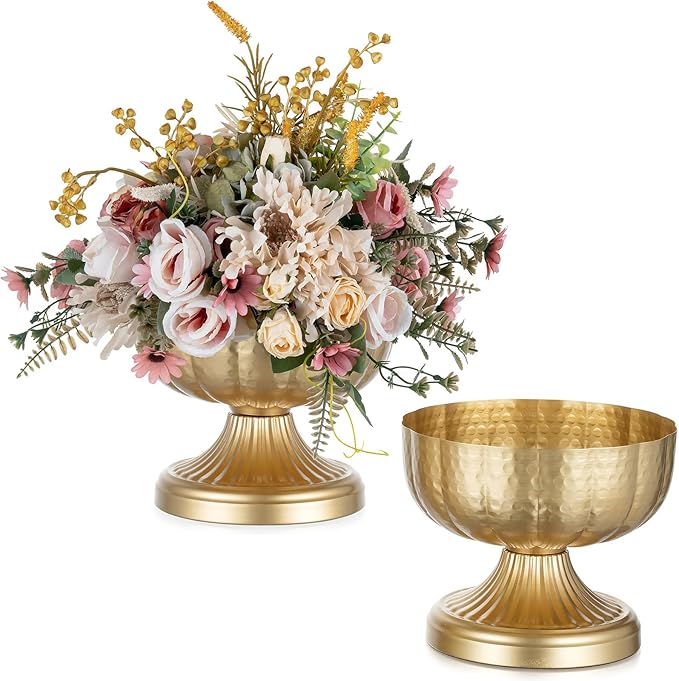 NUPTIO Gold Vases for Centerpieces Wedding: Hammered Brass Compote Vases for Small Flowers Arrangements - Metal Pedestal Bowl for Table Home Decor Set of 2