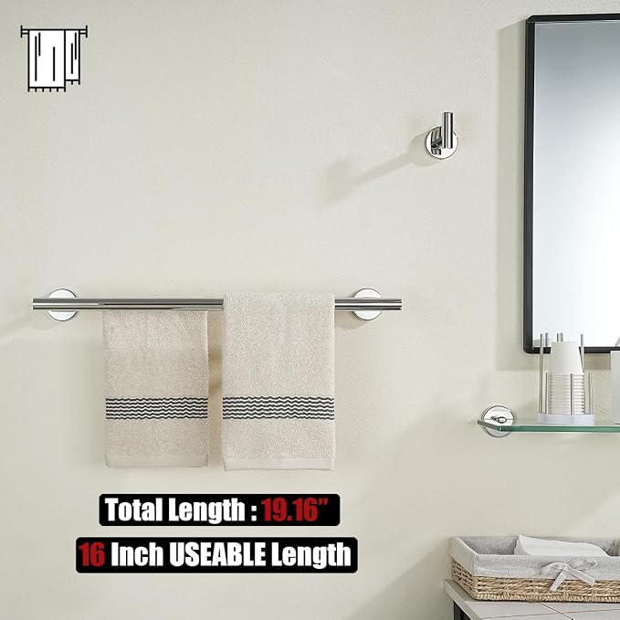 JQK Chrome Double Towel Bar, 19 Inch 304 Stainless Steel Thicken 0.8mm Towel Rack Bathroom, Towel Holder Polished Steel Wall Mount, Useable Length 16 Inch, TB100L16-CH