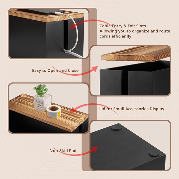 Large Wood Cable Management Box - Cable Organizer Box - 2 Open Slots Cords Hider Box - Under Desk Cord Organizer for Power Strip Extension Cord Surge Protector Charger Wire, Black