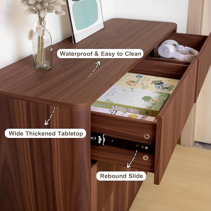 Fluted 6 Drawers Dresser for Bedroom,52" Wide Handleless Chest of Drawers with Faux Marble Top, Wooden Dresser TV Stand, Wood Drawer Organizer for Living Room, Hallway, Walnut