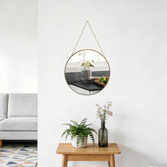 9.6-inch Modern Round Wall Mirror with Metal Frame and Hanging Chain, Suitable for Entryway, Hallway, or Bathroom Small Gold Metal Frame Mirror (Gold, 9.6 inch)